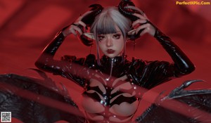 A woman in a black and red outfit sitting on a white platform.