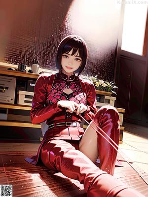 A woman sitting on the floor in front of a book shelf.