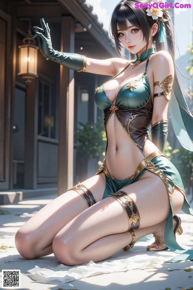 Hentai - The Frozen Elegance That Melts Starlight Set.1 20250104 Part 14 No.3c8bc3 A woman in a green and gold outfit sitting on the ground.