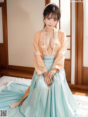 A woman in a blue kimono sitting on a window sill.