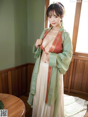 A woman in a pink robe sitting on a bed.