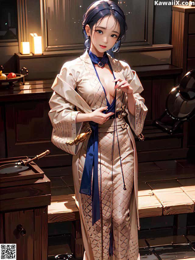 A woman in a kimono standing in a kitchen.