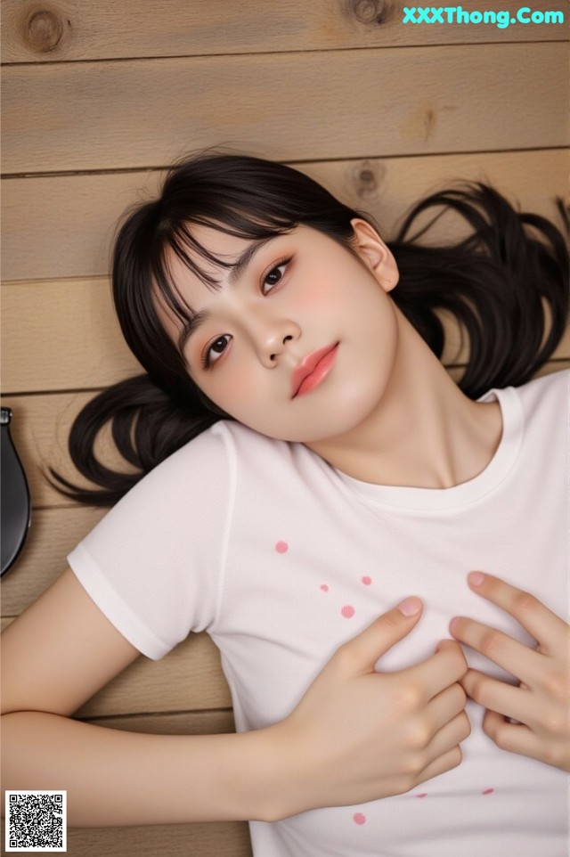 A woman laying on a wooden floor wearing a white shirt.