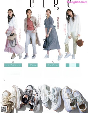 A magazine spread with a woman in a white dress and a brown jacket.